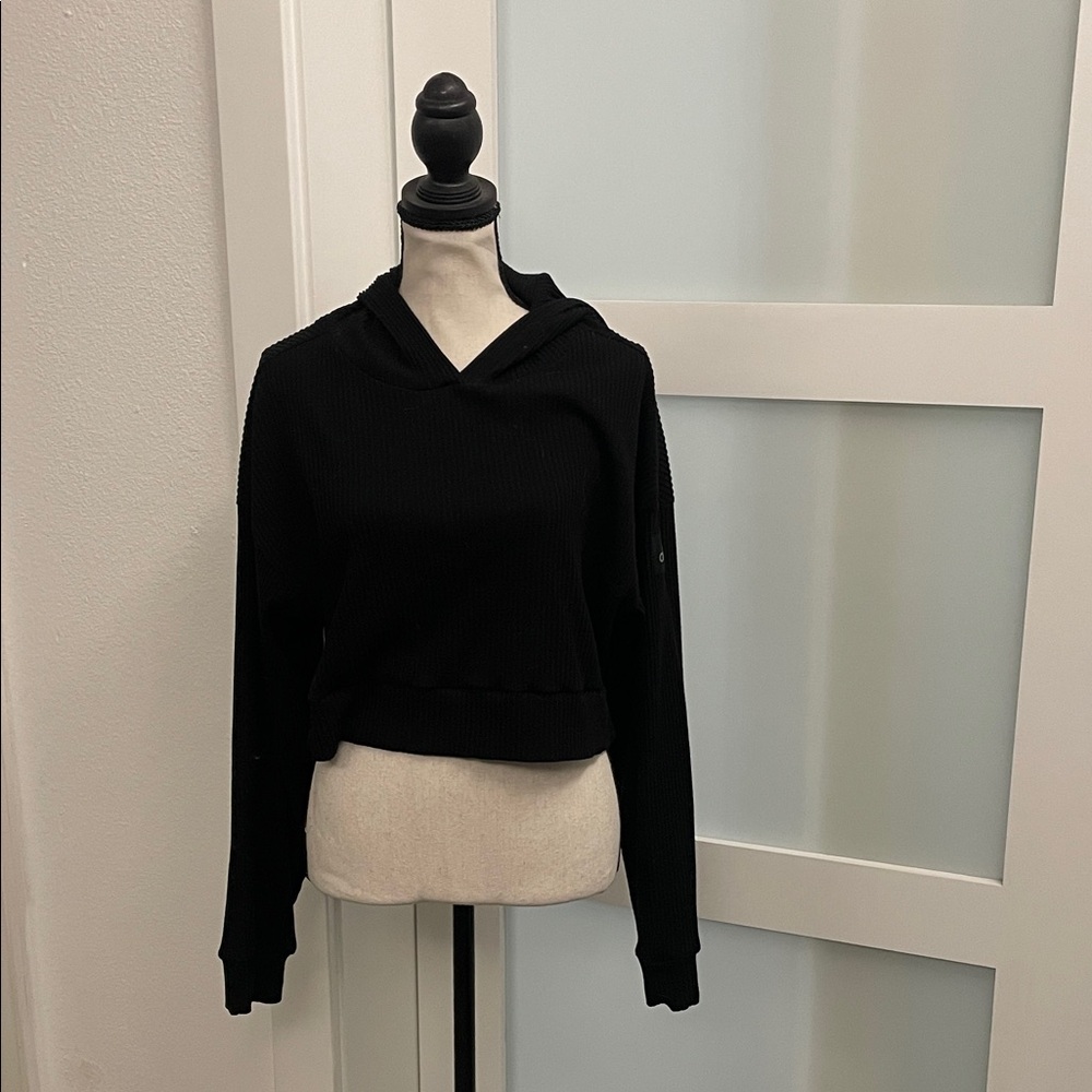 ALO Yoga Black Cropped Ribbed Hoodie